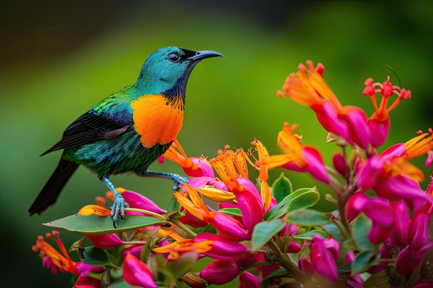 Pássaro exótico empoleirado em flor exibindo suas cores vibrantes criadas com IA generativa