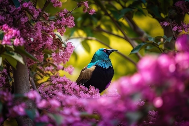 Pássaro exótico no jardim de árvores floridas cercadas por uma vegetação exuberante criada com ai generativa