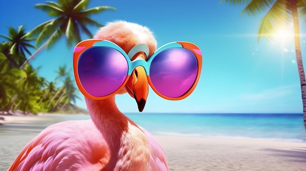 Foto pássaro flamingo usando óculos escuros na praia generative ai