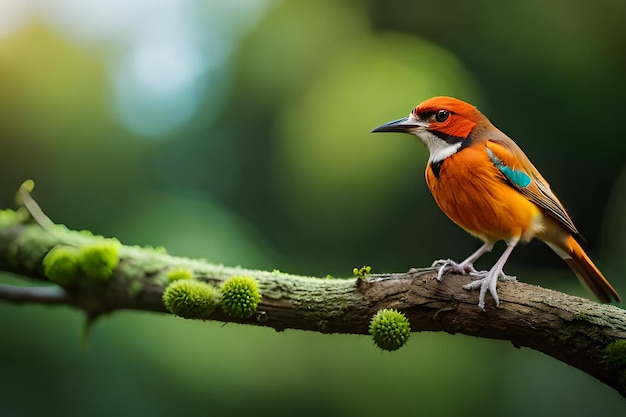 Pássaro laranja fantasia está sentado em um galho em magia