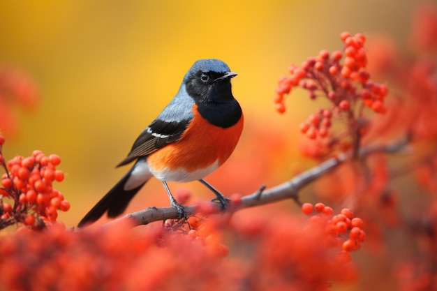 Pássaro macho de redstart com folhagem colorida ao fundo