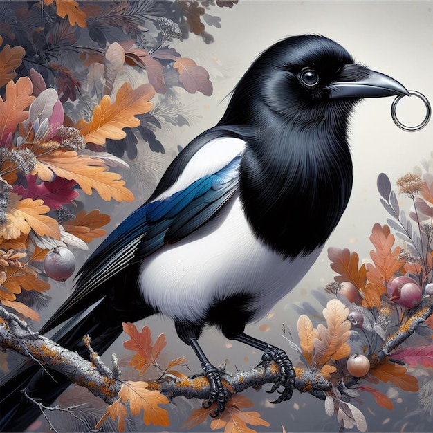 Foto pássaro-magpie de asas azuis com flor de sakura rosa