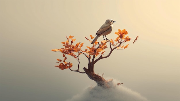 Pássaro minimalista moderno em árvore e folhagem com cor pastel feliz alegre brincalhão divertido generativo Ai
