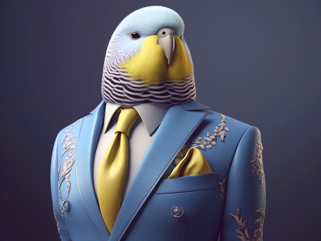 Pássaro modelo de moda em jaqueta de luxo e gravata Generative AI