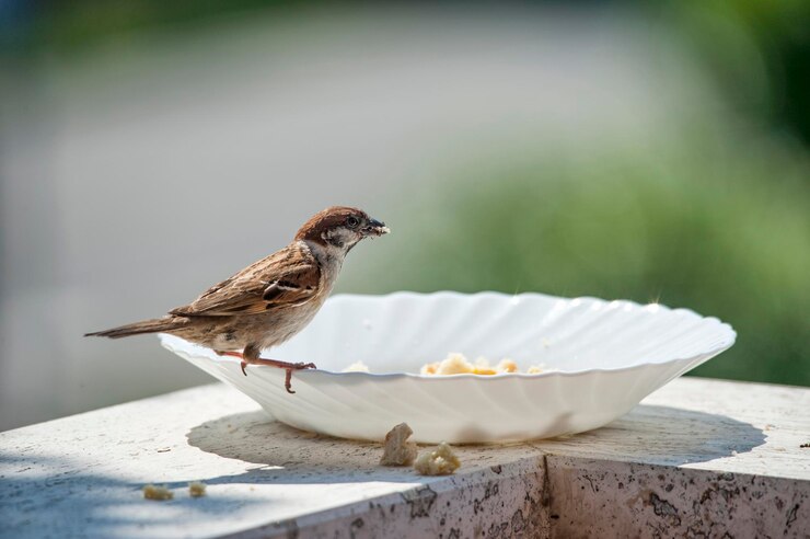Foto pássaro na borda de um prato come migalhas de pão