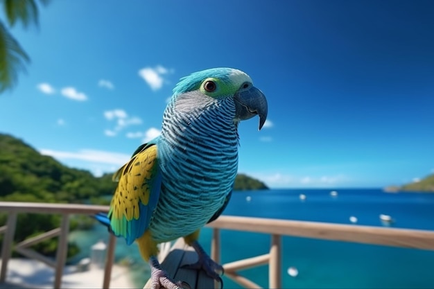 Pássaro papagaio mostra sua beleza em meio a um sereno mar azul tropical