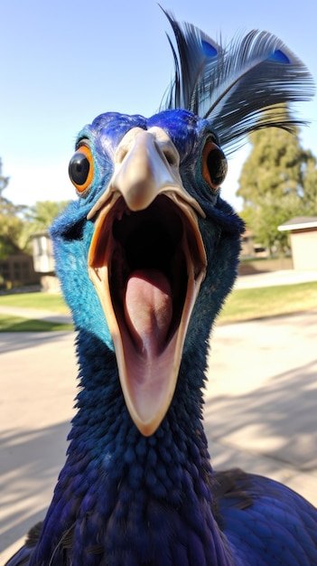 Pássaro pavão toca na câmera tirando selfie selfie engraçado retrato de animal