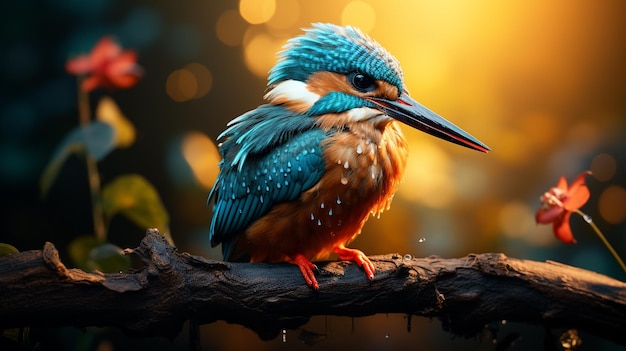 Pássaro pescador colorido sentado em um galho de árvore