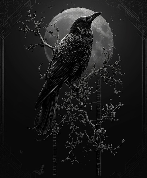 pássaro preto arafed sentado em um ramo com uma lua cheia no fundo generativo ai