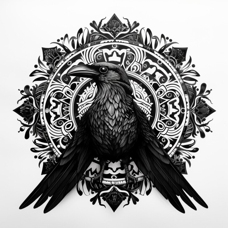 Foto pássaro preto arafiado sentado em um design circular decorativo ai generativo