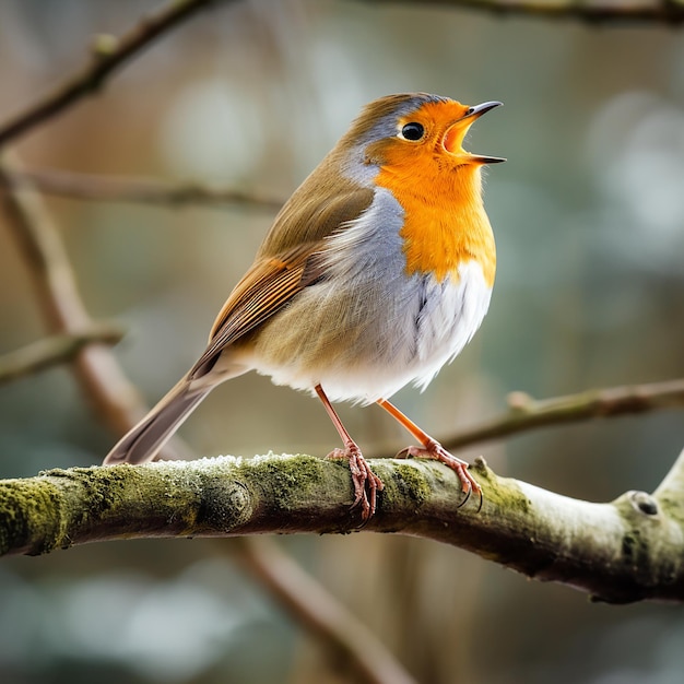 Foto pássaro robin cantando no galho da árvore