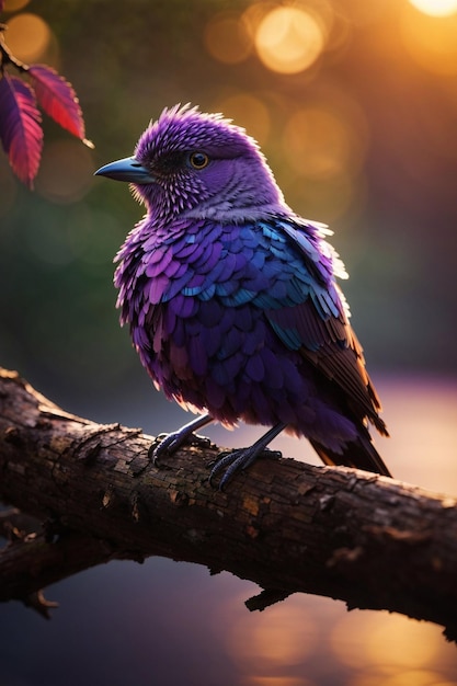 Pássaro roxo em um galho no parque ao pôr do sol