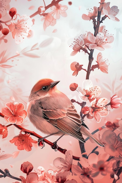Pássaro sentado em um galho com flores