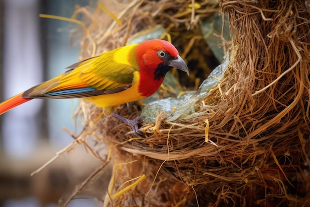 Foto pássaro tecelão colorido adicionando material ao ninho