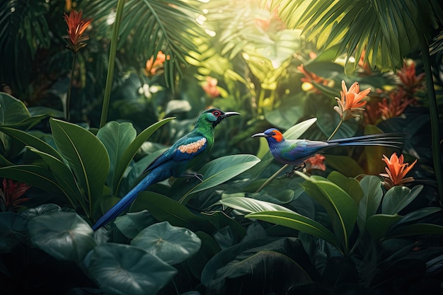 Foto pássaro tropical colorido e belas flores surrealistas ilustração de ia gerativa