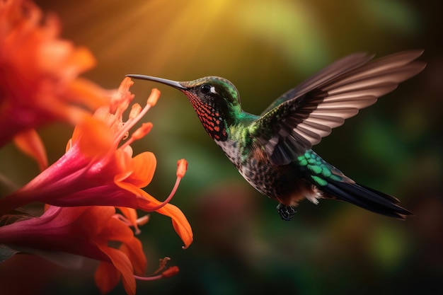 Pássaro tropical colorido e flores surreais O beija-flor voa perto da flor Generative AI