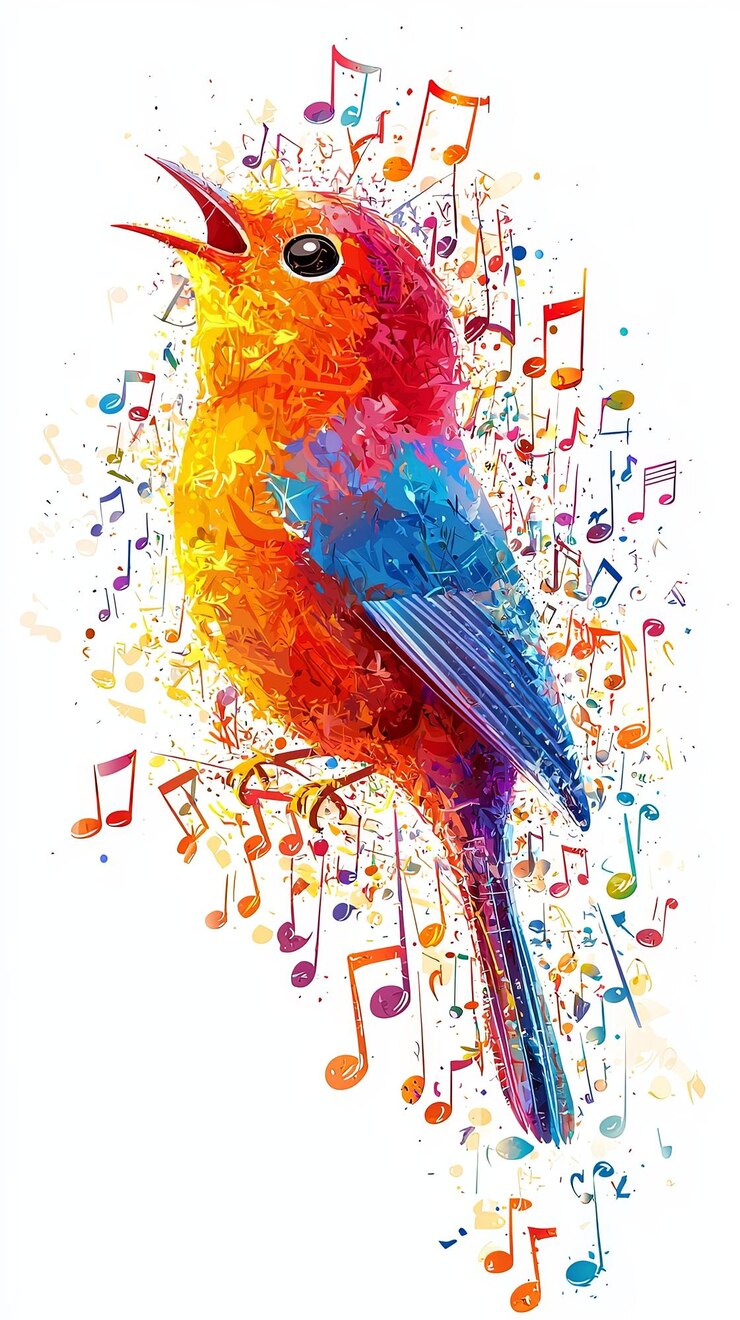 Foto pássaro vibrante cantando com notas musicais pintando