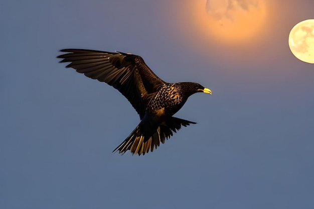 Pássaro voando no céu noturno com a lua atrás de seu espaço de cópia para banner