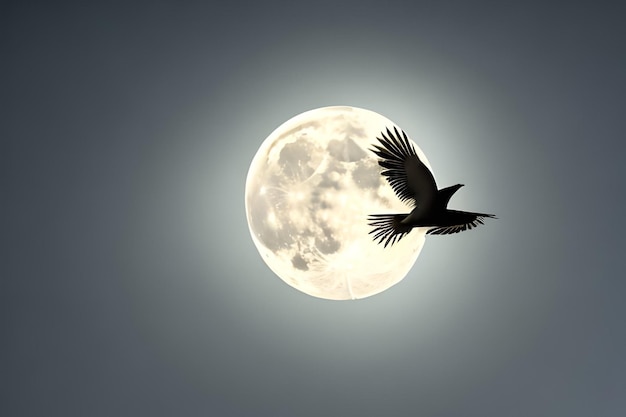 Pássaro voando no céu noturno com a lua atrás de seu espaço de cópia para banner