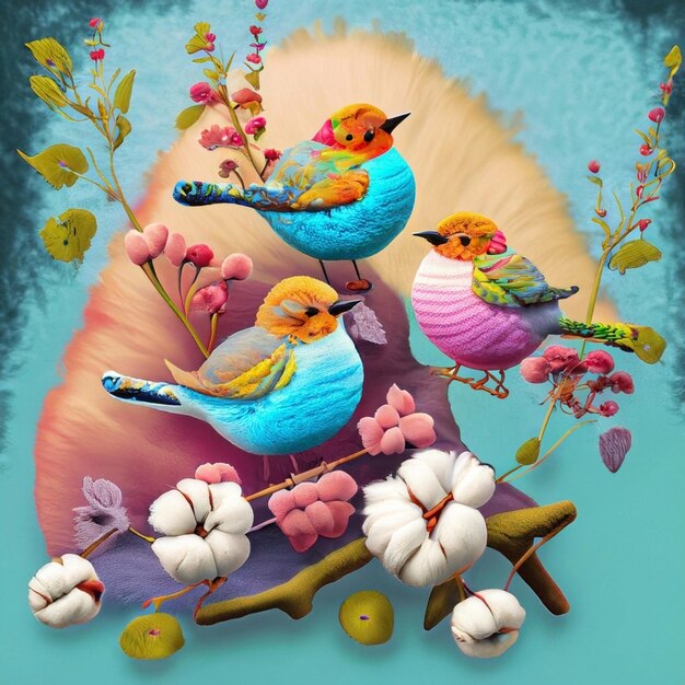 Foto pássaros coloridos de lã e flores
