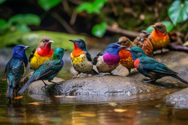 Pássaros coloridos em uma rocha em um rio