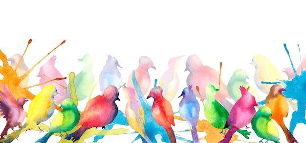 Pássaros coloridos silhueta banner ilustração em aquarela fundo branco
