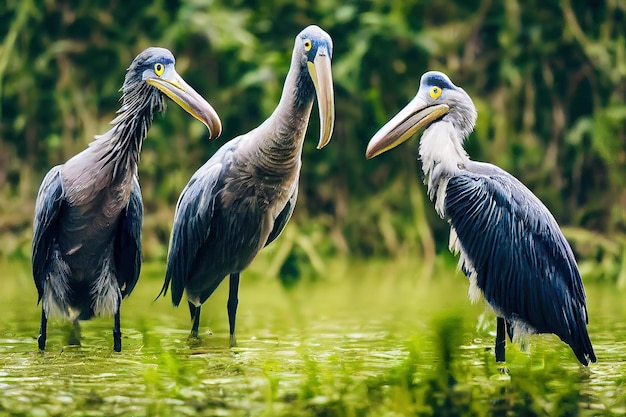 Pássaros com bicos grandes na grama verde na ilustração 3D selvagem