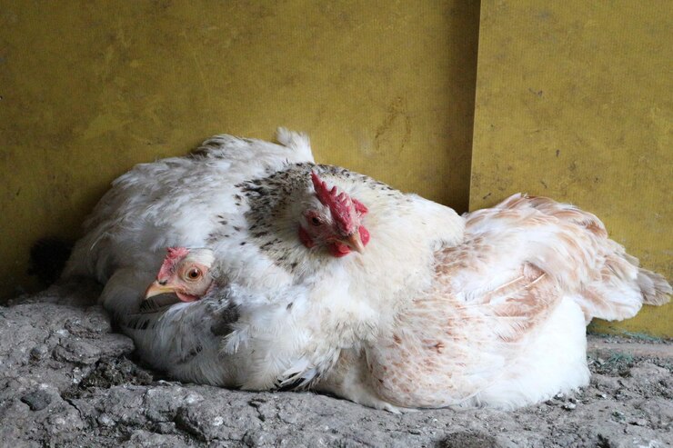 Foto pássaros de galinha relaxando contra a parede