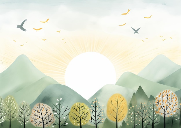 Foto pássaros de montanha voando raios de sol ilustração princesa sol céu forte floresta murcha ilustrador