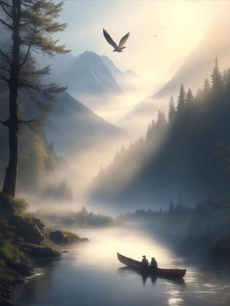 Pássaros de névoa de riacho de montanhas no céu canoa sol através de IA Gerado