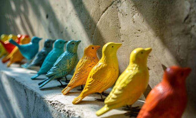 Pássaros de papel coloridos DIY sentados em fundo rústico