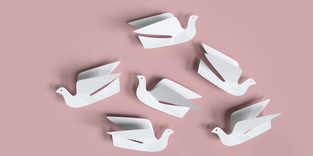 Pássaros de papel em uma ilustração 3d de fundo rosa