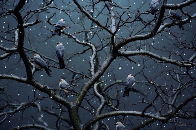 Foto pássaros em um galho de árvore na floresta de inverno à noite