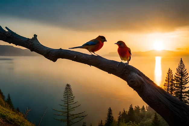 Foto pássaros em um galho descobrem a harmonia colorida da natureza