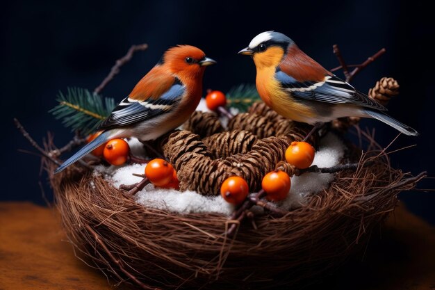 Pássaros em um ninho com bagas