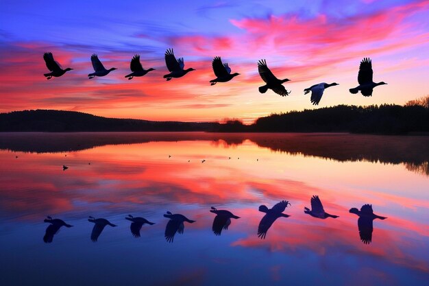 Foto pássaros em voo capturados com o reflexo na superfície espelhada de uma lagoa quieta
