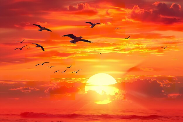 Pássaros em voo com um pôr-do-sol com espaço de cópia Generative Ai