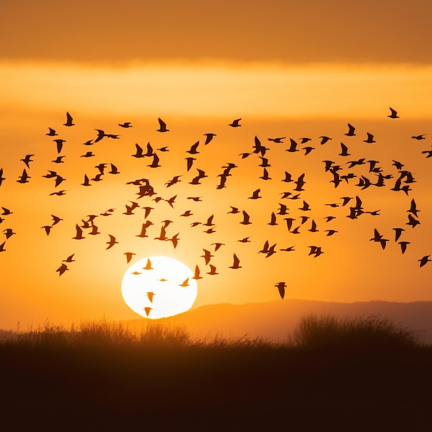 Pássaros em vôo Fotografia deslumbrante de um céu dourado ao pôr do sol