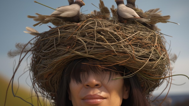 Pássaros na cabeça Closeup retrato de uma mulher com amigos emplumados