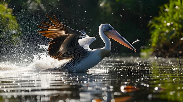 Foto pássaros pelicanos caçando um peixe na fotografia da lagoa