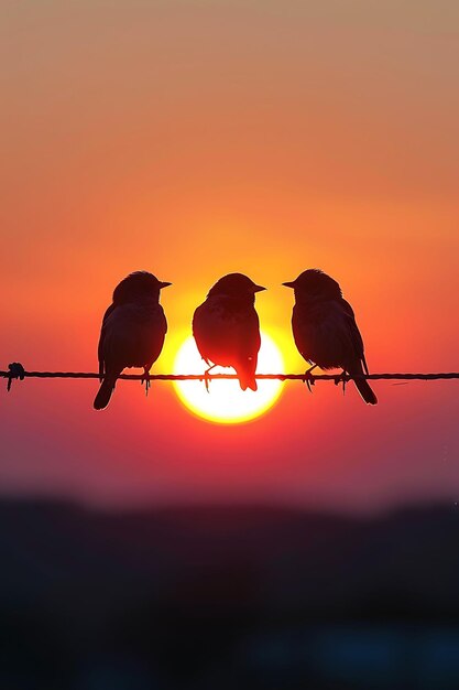 Pássaros sentados em um fio como sombra de silhueta lançada em uma linha Foto criativa de fundo elegante