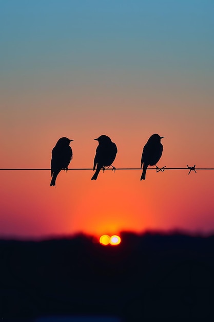 Pássaros sentados em um fio como sombra de silhueta lançada em uma linha Foto criativa de fundo elegante