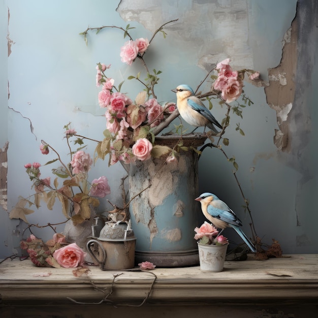pássaros sentados num vaso com flores