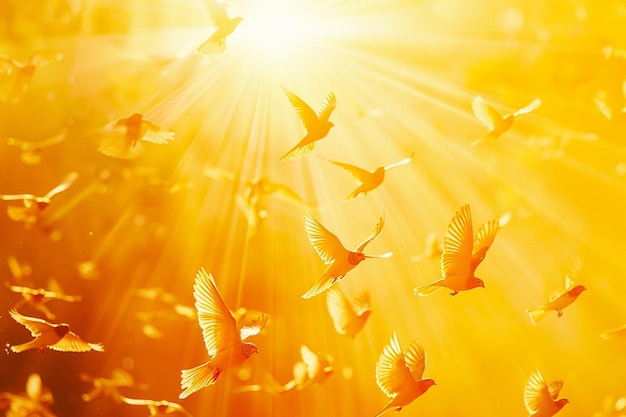 Pássaros voando através de feixes de luz solar ou raios de luz para um efeito mágico