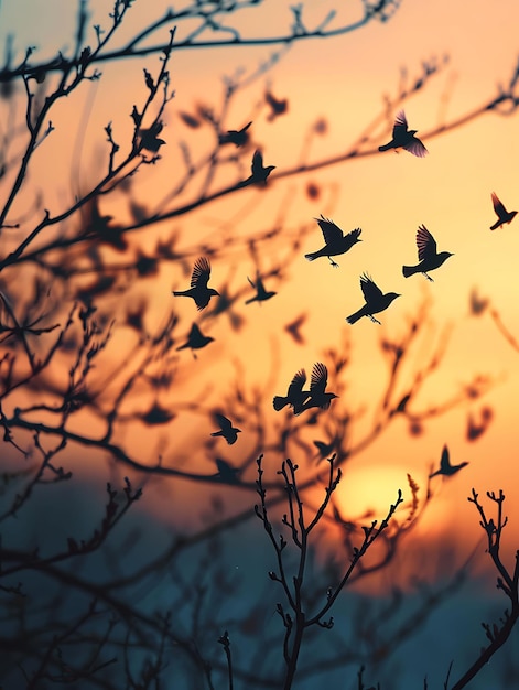 Pássaros voando como silhuetas Sombra de pôr-do-sol lançada na parede Along Foto criativa de fundo elegante