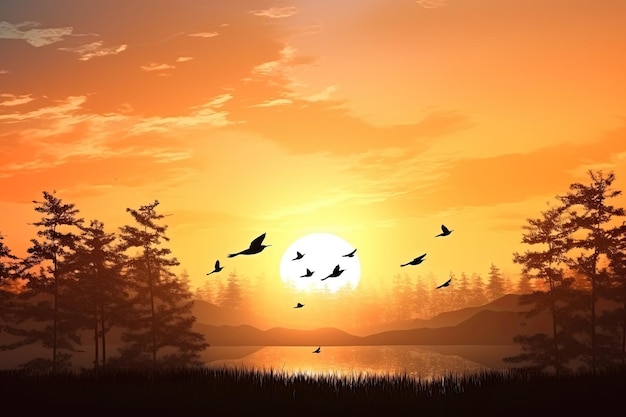 Pássaros voando no prado de outono para o Dia Mundial do Meio Ambiente