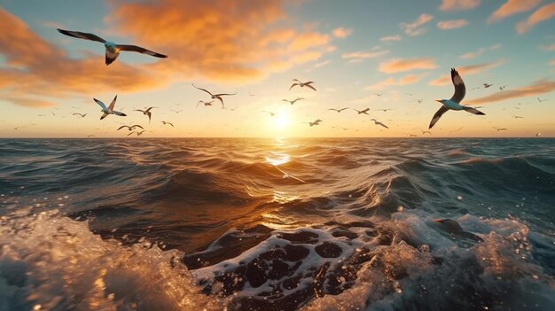 Pássaros voando sobre o oceano ao pôr-do-sol no céu tempestuoso