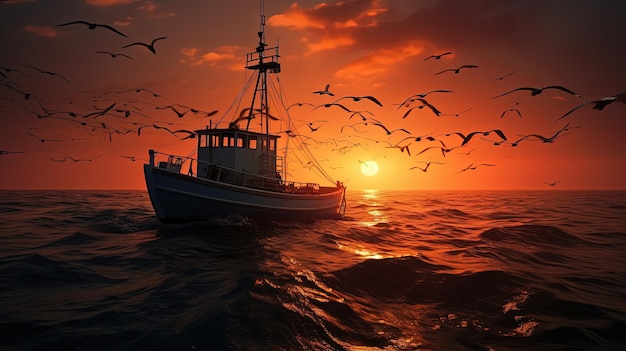 Pássaros voando sobre um barco de pesca de camarão ao pôr do sol no conceito de silhueta de mar aberto