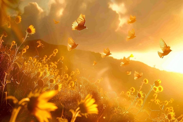 Pássaros voando sobre um campo de girassóis com pétalas pegando a luz do sol