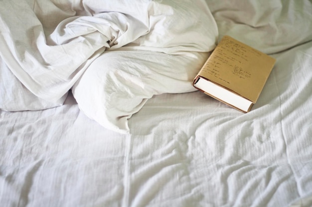 Passe um dia lendo um livro na cama com cobertor branco